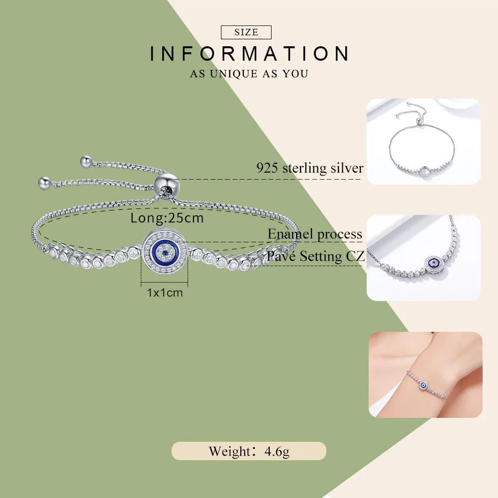 Sterling Silver Evil Eye Tennis Bracelet with CZ – Adjustable