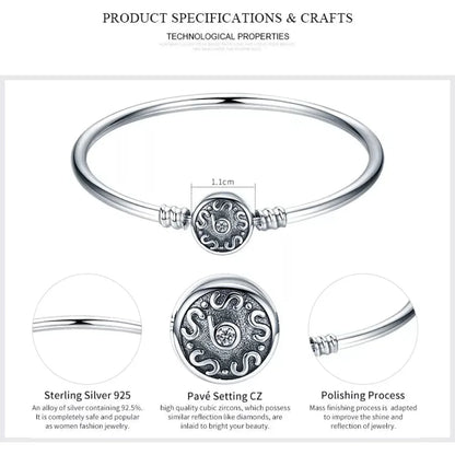 Sterling Silver Snake Chain Bangle Bracelet with CZ Pavé