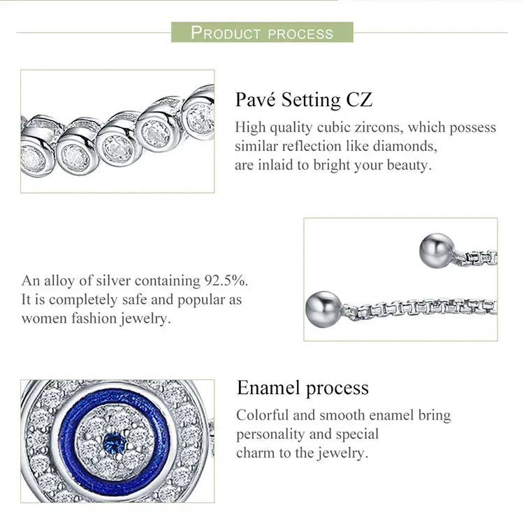 Sterling Silver Evil Eye Tennis Bracelet with CZ – Adjustable