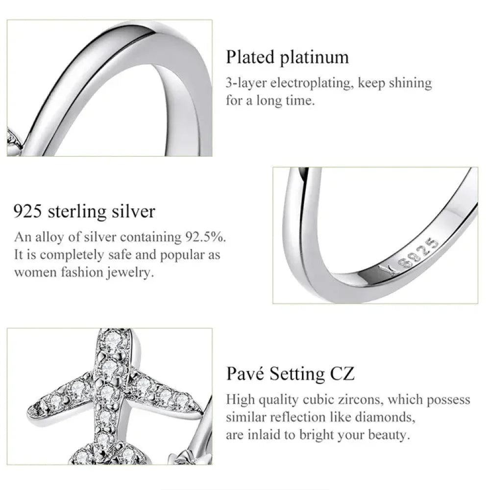 925 Sterling Silver CZ Flying Plane Open Ring