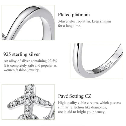 925 Sterling Silver CZ Flying Plane Open Ring