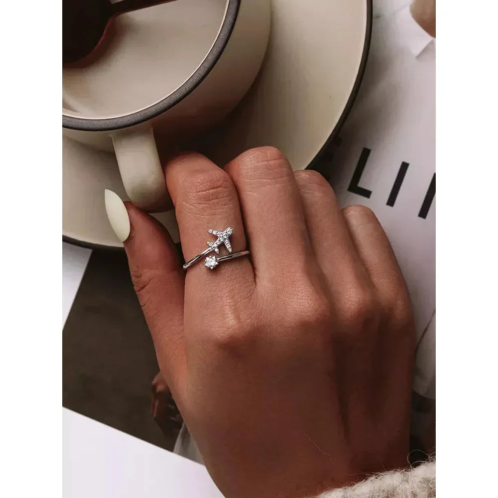 925 Sterling Silver CZ Flying Plane Open Ring