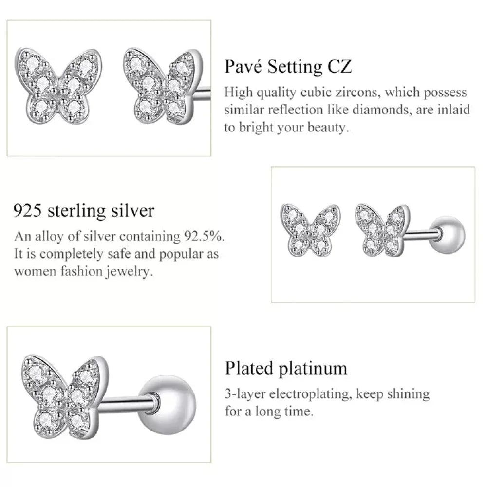 Boucles d'oreilles clous étoiles et papillons en argent sterling 925 - Bijoux délicats et raffinés