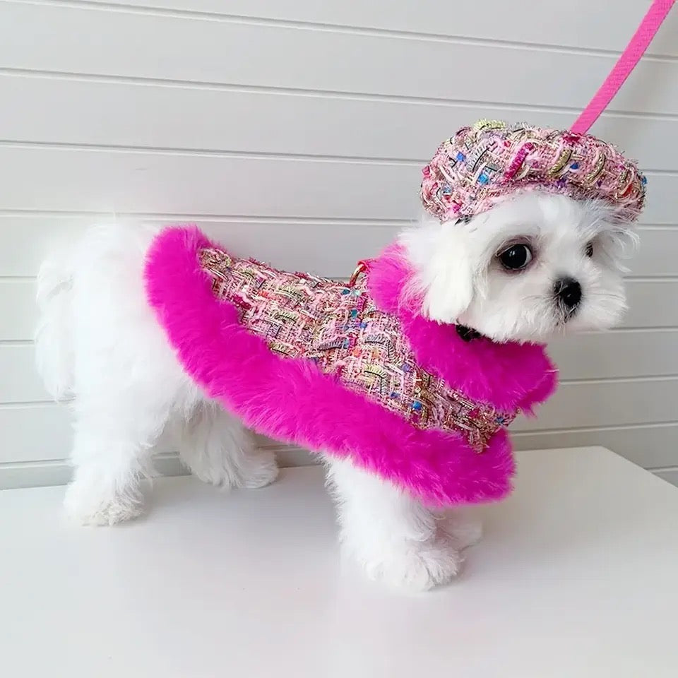 Ensemble robe-harnais Douceur de Novembre pour le jardin | Robe avec chapeau et laisse