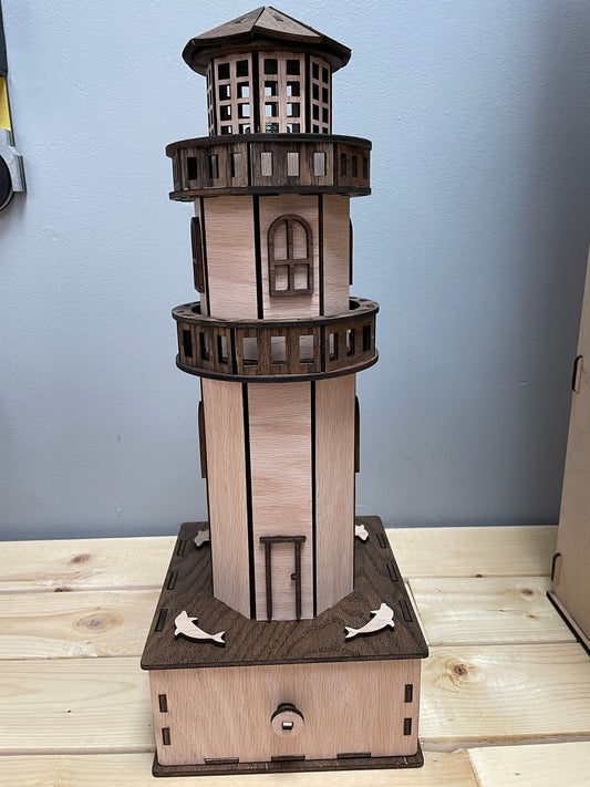 Wooden Lighthouse Wine Box with Shot Glass Drawer