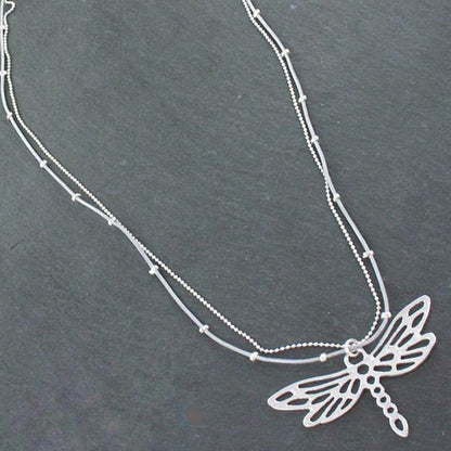 Double Strand Necklace With Dragonfly Pendant In Silver Plate