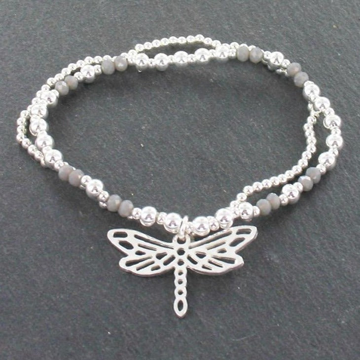 Double Strand Bracelet With Dragonfly Pendant In Silver Plate
