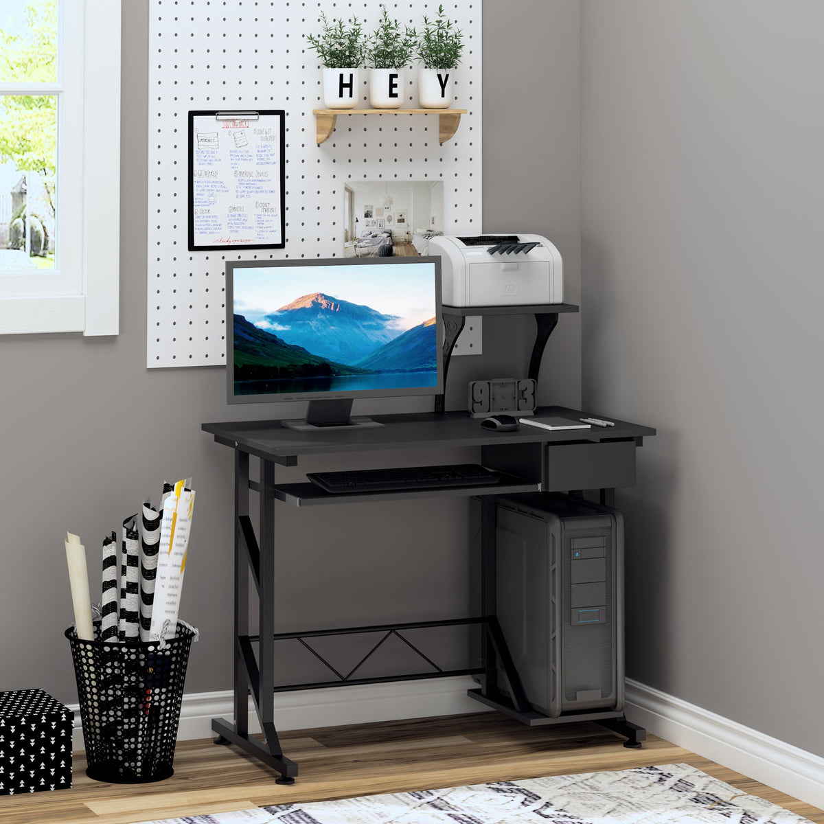 Bureau informatique Indy avec tablette coulissante pour clavier et tiroir – Noir