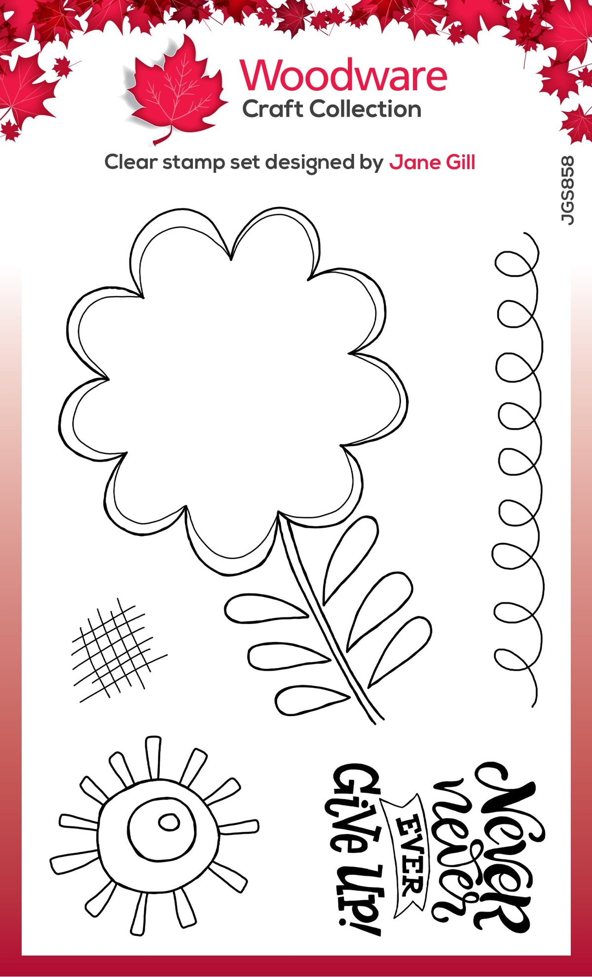 Woodware Clear Singles Petal Doodles Never Give Up Lot de tampons 4 po x 6 po