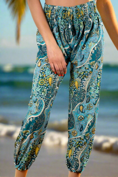Pantalon imprimé Bali bleu et or