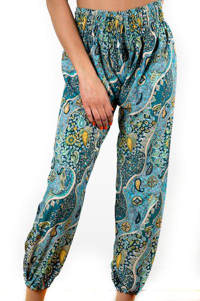 Pantalon imprimé Bali bleu et or