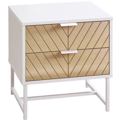 Table de chevet moderne Emery avec 2 tiroirs et pieds en acier-Noir/Chêne