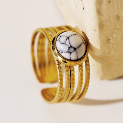 LIKHA: Multi Band Textured Ring with White Turquoise Stone Centre Piece