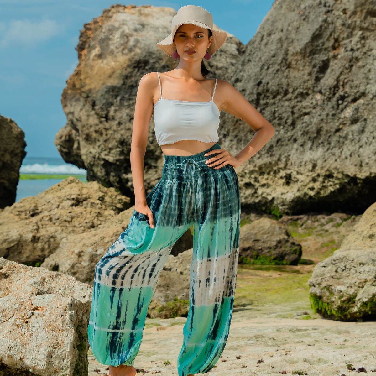 Tie Dye Stripe Bali Pants - Turquoise & Grey
