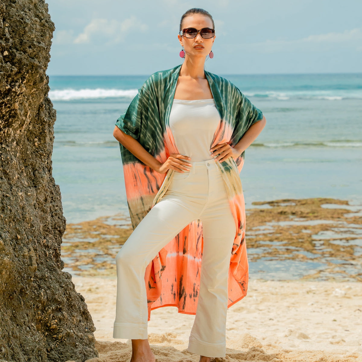 Tie Dye Stripe Long Kimono- Pink & Grey