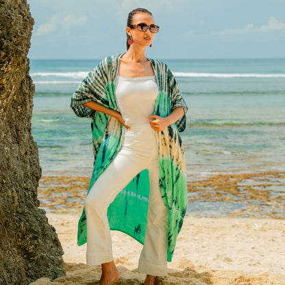 Tie Dye Stripe Long Kimono - Turquoise & Grey