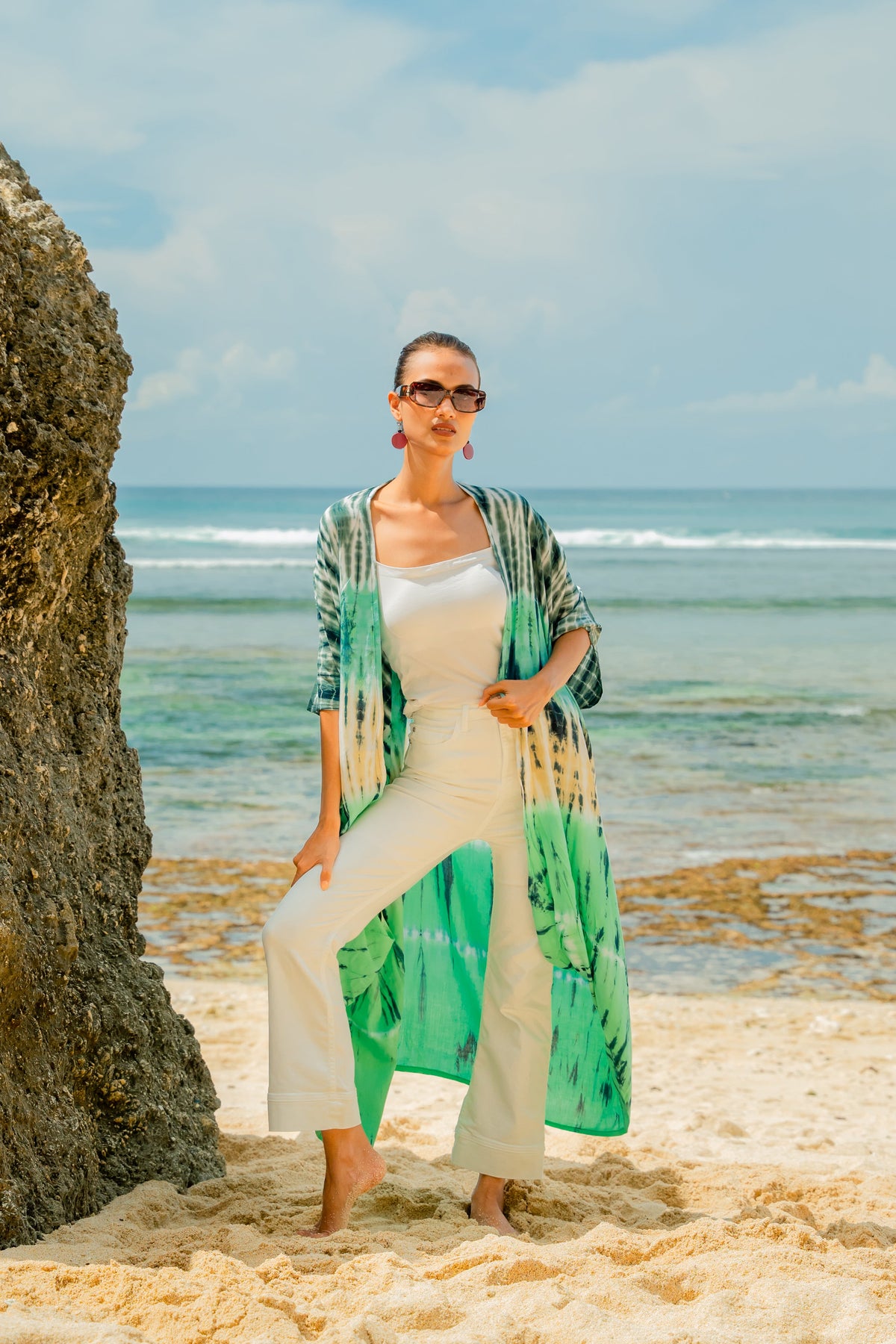 Tie Dye Stripe Long Kimono - Turquoise & Grey