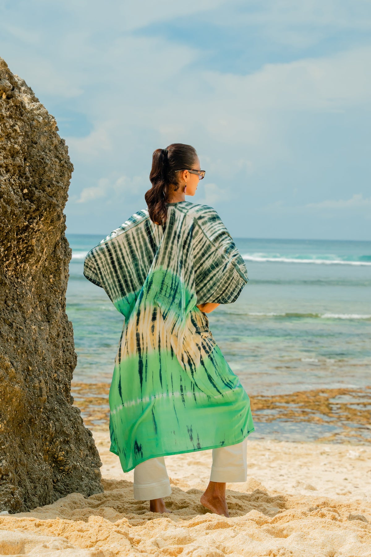 Tie Dye Stripe Long Kimono - Turquoise & Grey