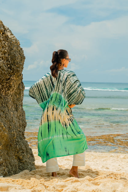 Tie Dye Stripe Long Kimono - Turquoise & Grey