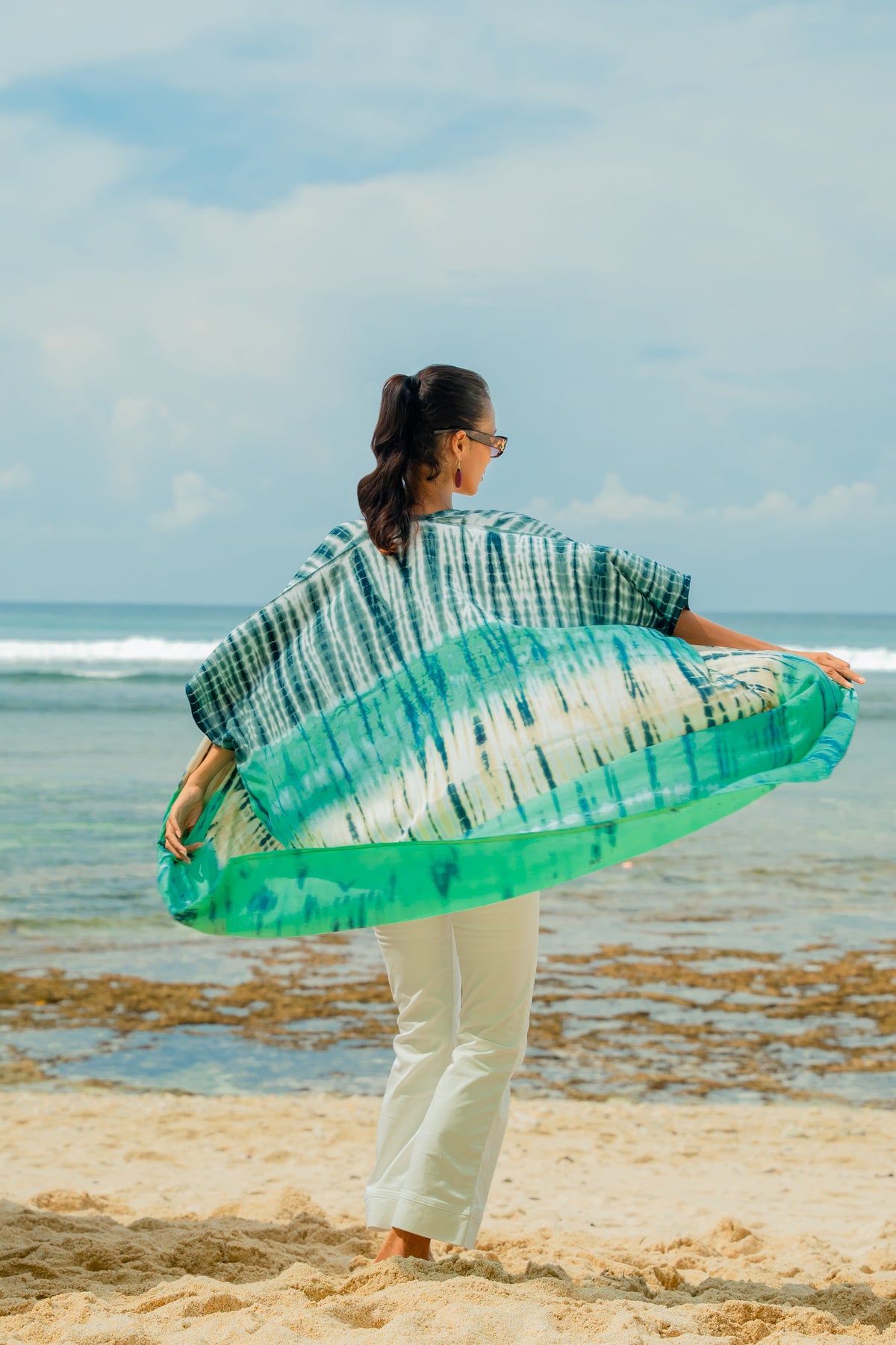 Tie Dye Stripe Long Kimono - Turquoise & Grey