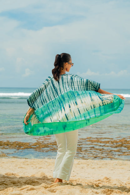 Tie Dye Stripe Long Kimono - Turquoise & Grey