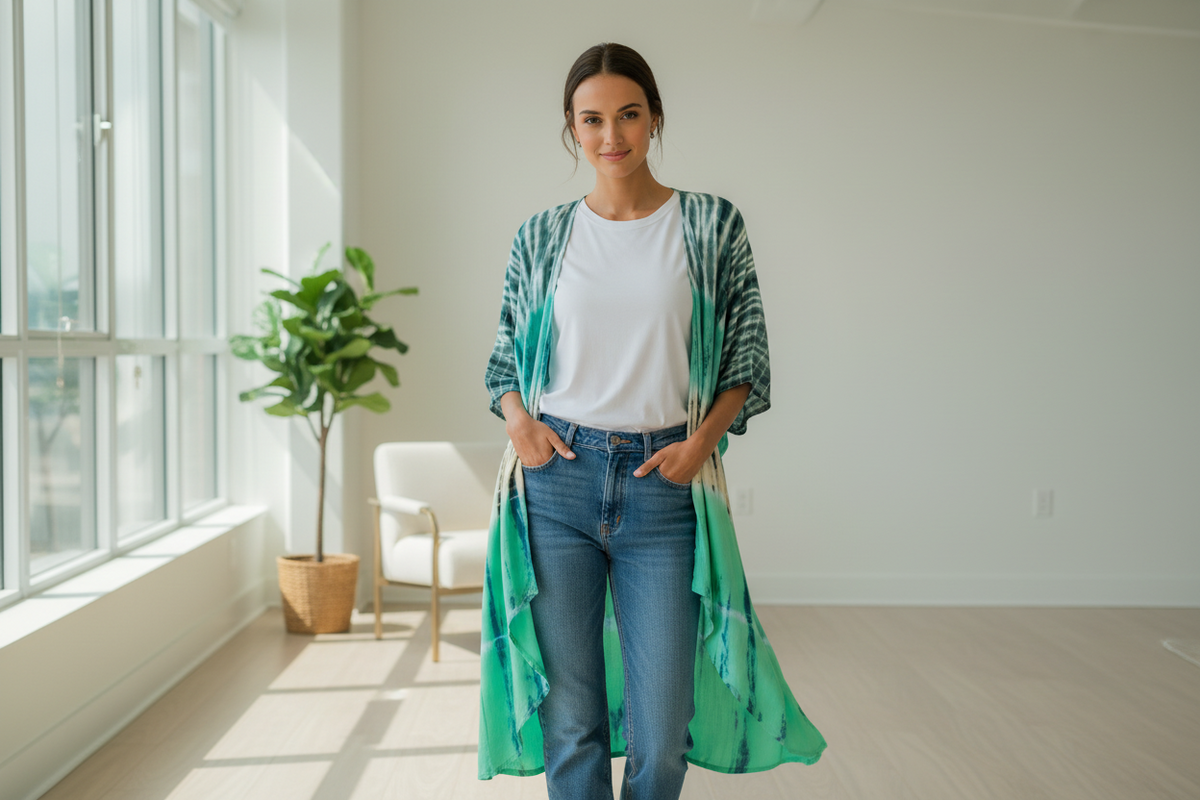 Tie Dye Stripe Long Kimono - Turquoise & Grey