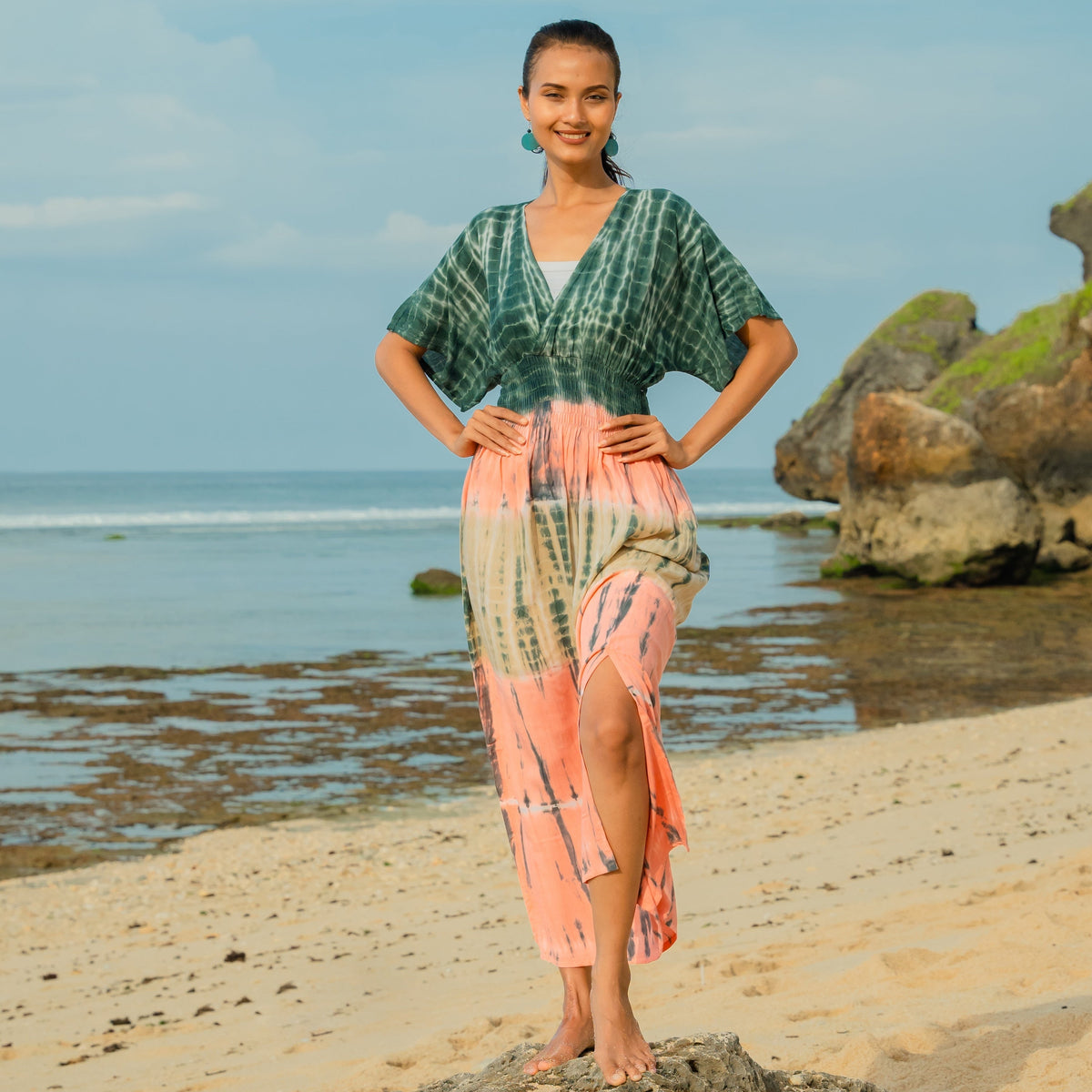 Tie Dye Stripe Maxi Dress - Pink & Grey