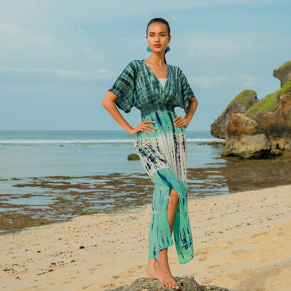 Robe longue rayée tie-dye – Turquoise et gris