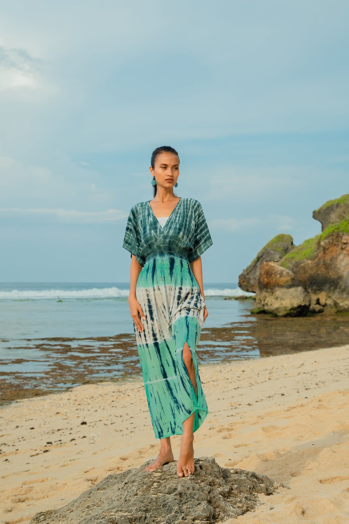 Robe longue rayée tie-dye – Turquoise et gris