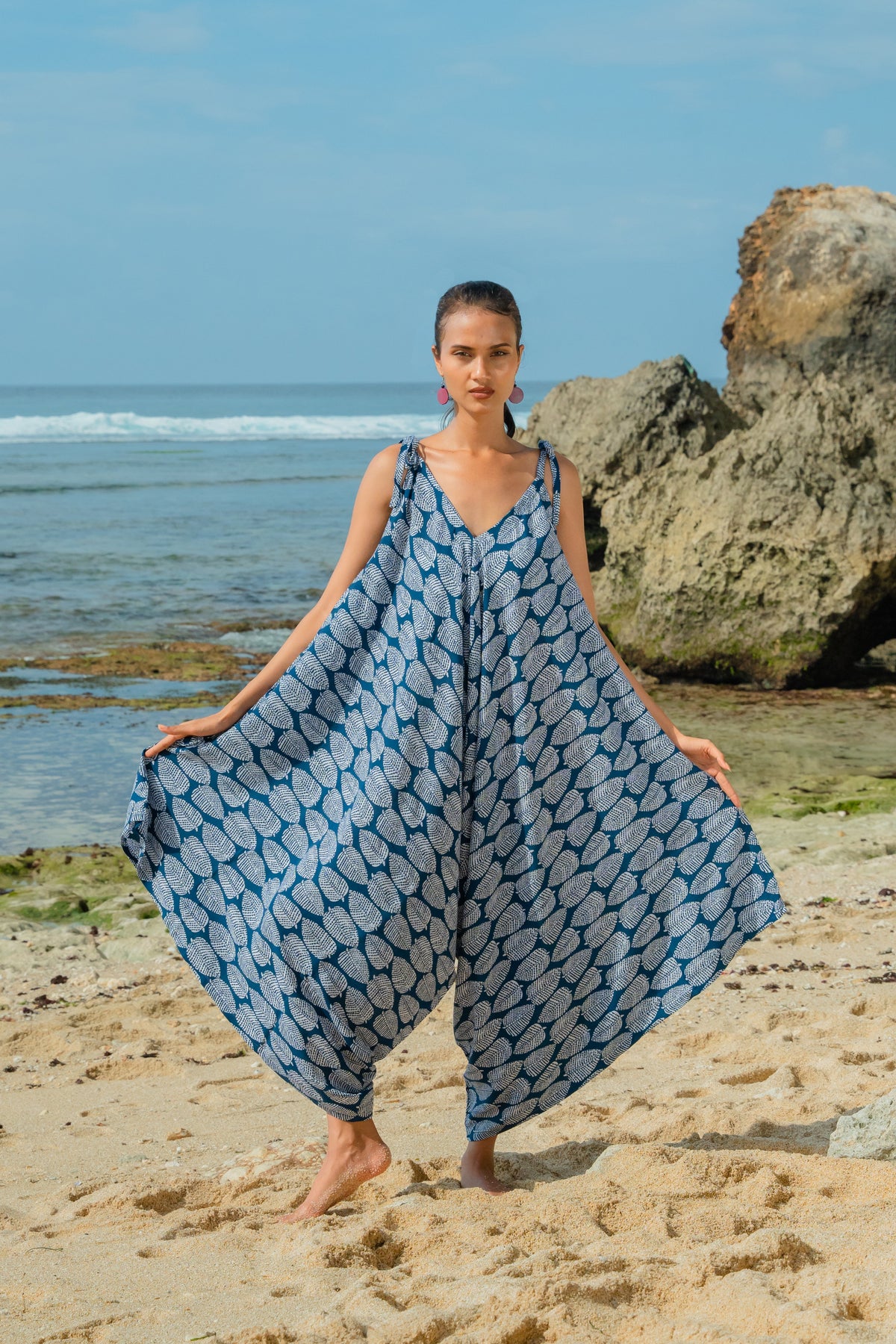 Leaf Print Romper - Navy & White