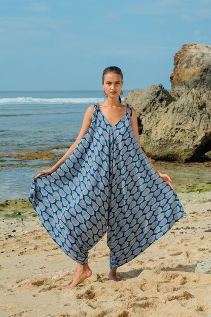 Leaf Print Romper - Navy & White