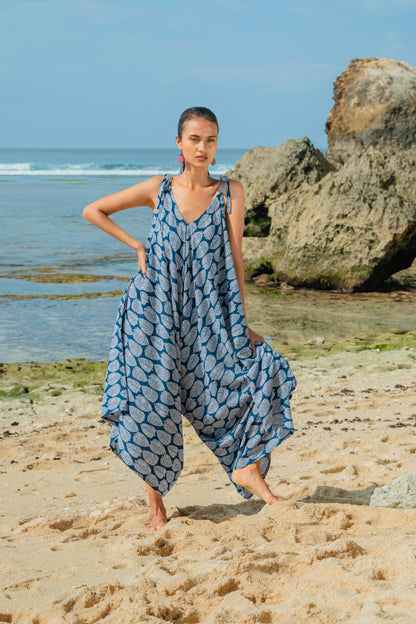 Leaf Print Romper - Navy & White