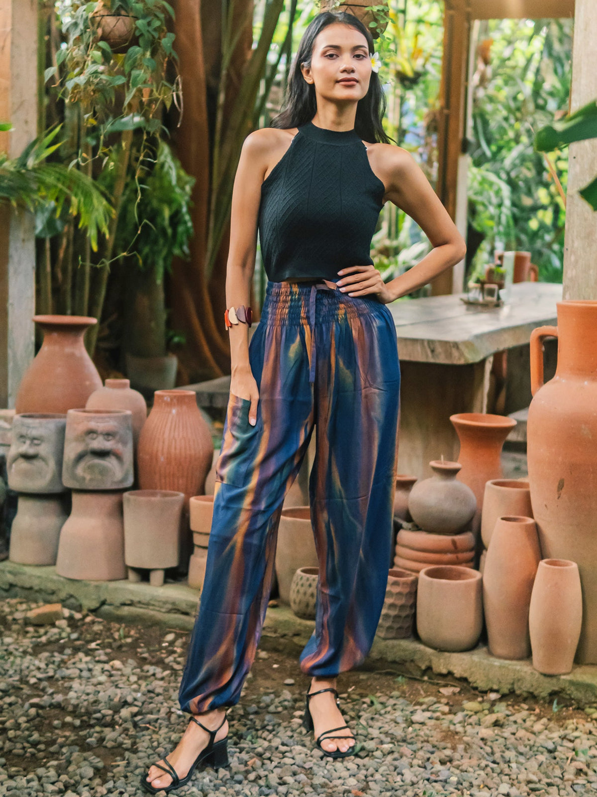 Pantalon Bali Tie-Dye Abstrait Bleu Marine et Doré