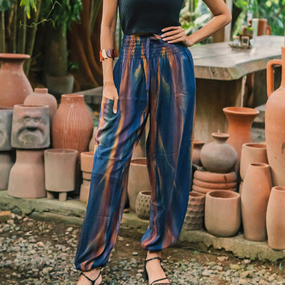 Pantalon Bali Tie-Dye Abstrait Bleu Marine et Doré