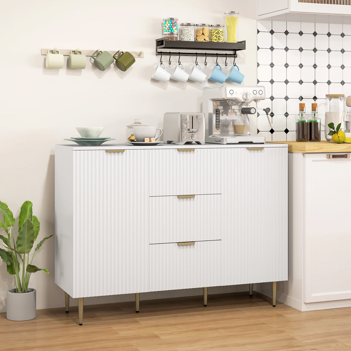 Ellis Modern Kitchen Buffet/Hallway Cabinet with 3 Drawers-White