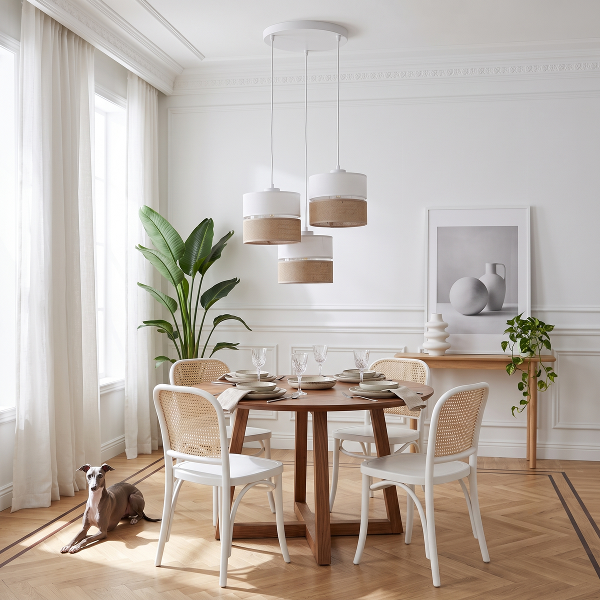 LINOBIANCO Suspension luminaire tressée naturelle pour îlot de cuisine, salle à manger et salon (3 lumières)