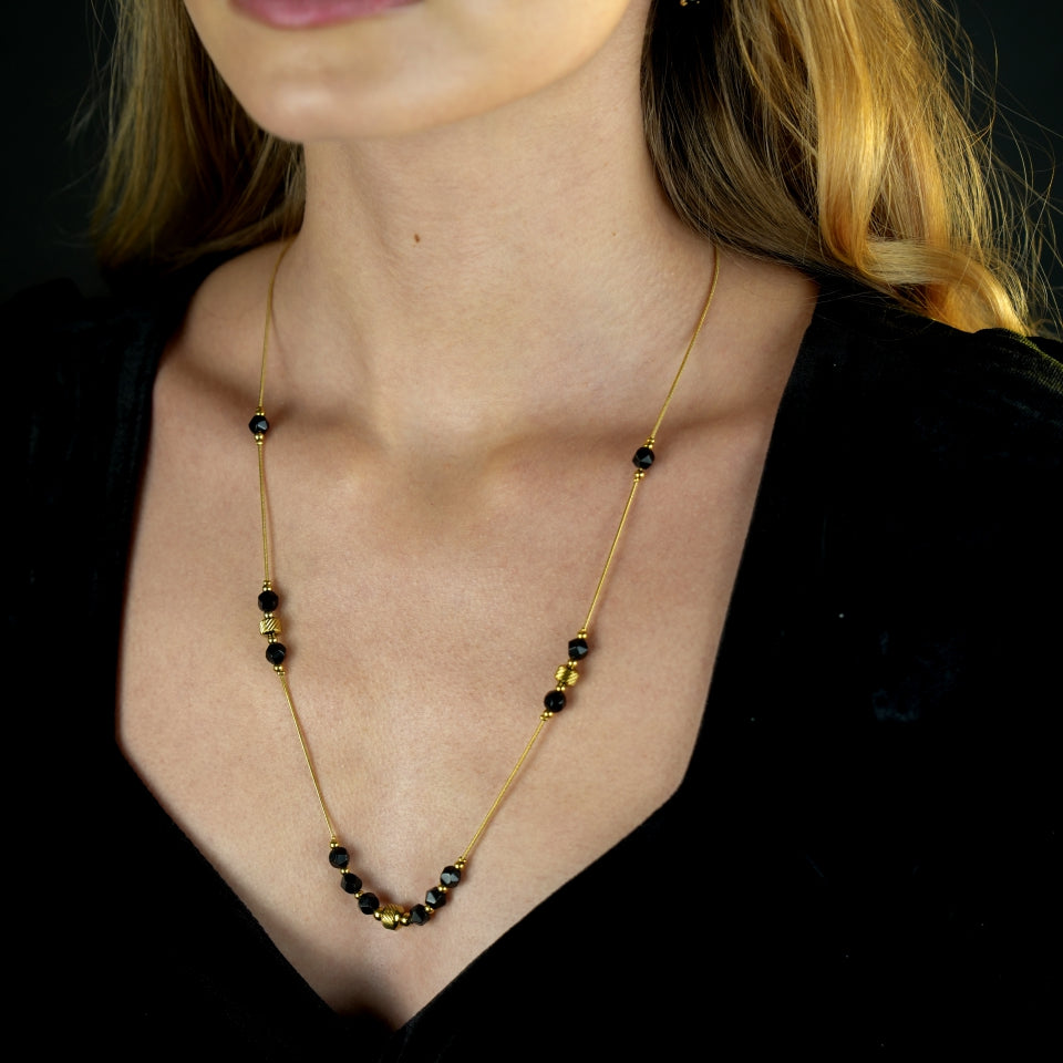 Collier chaîne perles obsidienne noire et or MARA