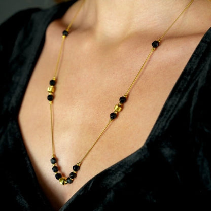 Collier chaîne perles obsidienne noire et or MARA