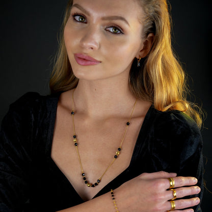 Collier chaîne perles obsidienne noire et or MARA