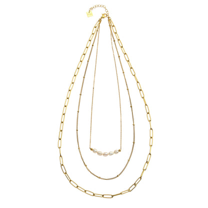 MARLI 3-Layer Multi Chain Gold Necklace featuring Natural Pearls