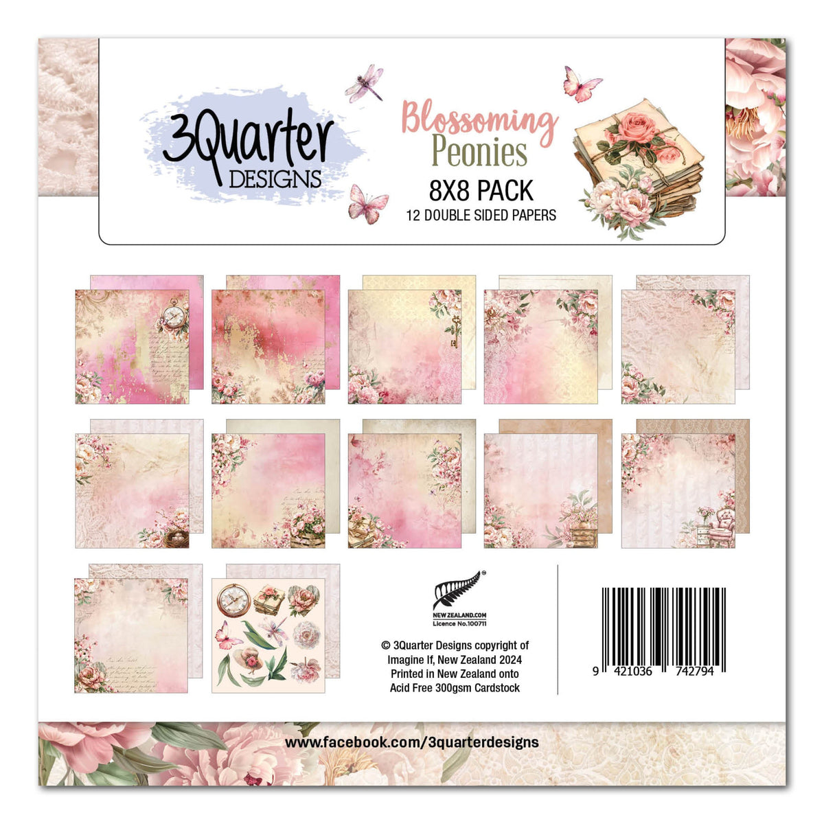 Bloc de papier 3Quarter Designs Pivoines en fleurs 20x20 cm