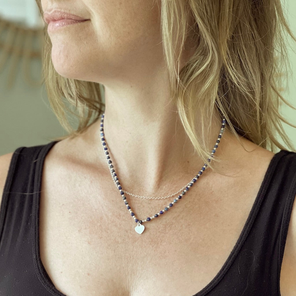 Blue Crystal Charm Necklace In Silver Plate