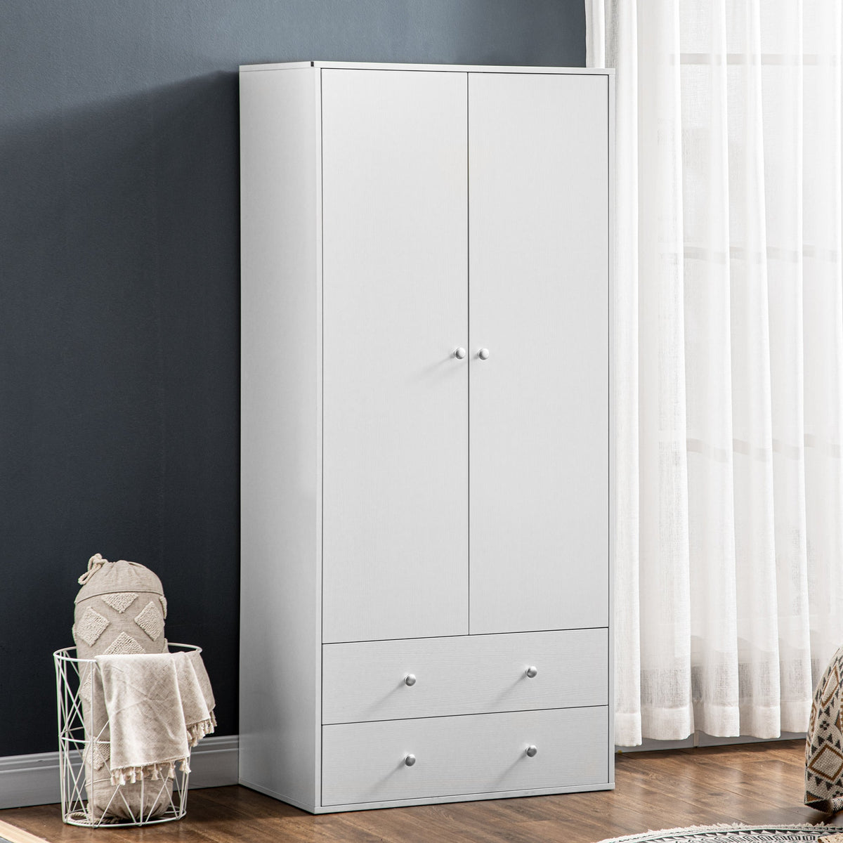Armoire Briar moderne avec 2 tiroirs et tringle à vêtements - Blanc