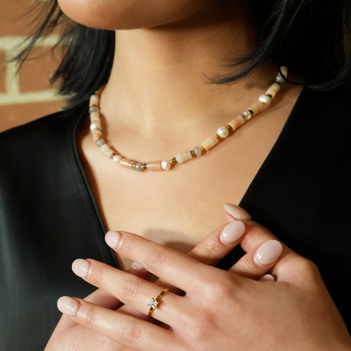 OSTIA: Chalcedony Stones, Fresh Water Pearls & Gold Ball-Beaded Necklace.