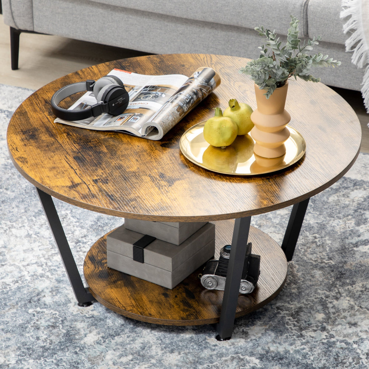 Matt Round Coffee Table with Storage Shelf-Rustic Brown