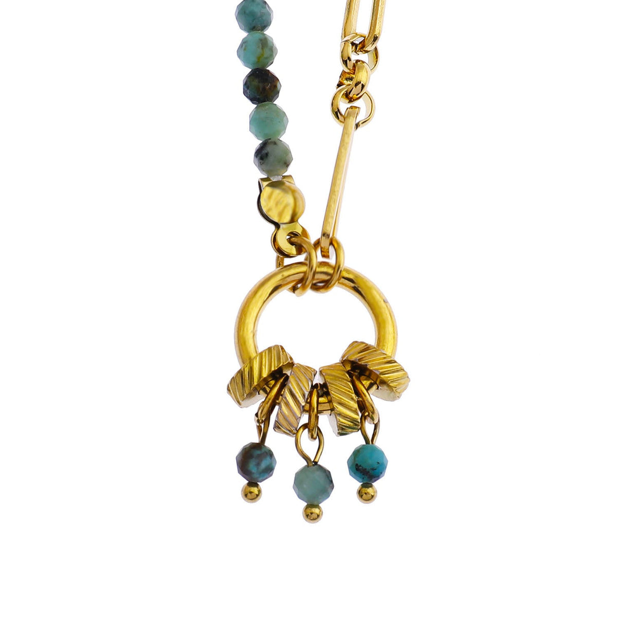 LYON : Collier en or avec pendentif charme en pierre naturelle turquoise africaine style bohème-chic