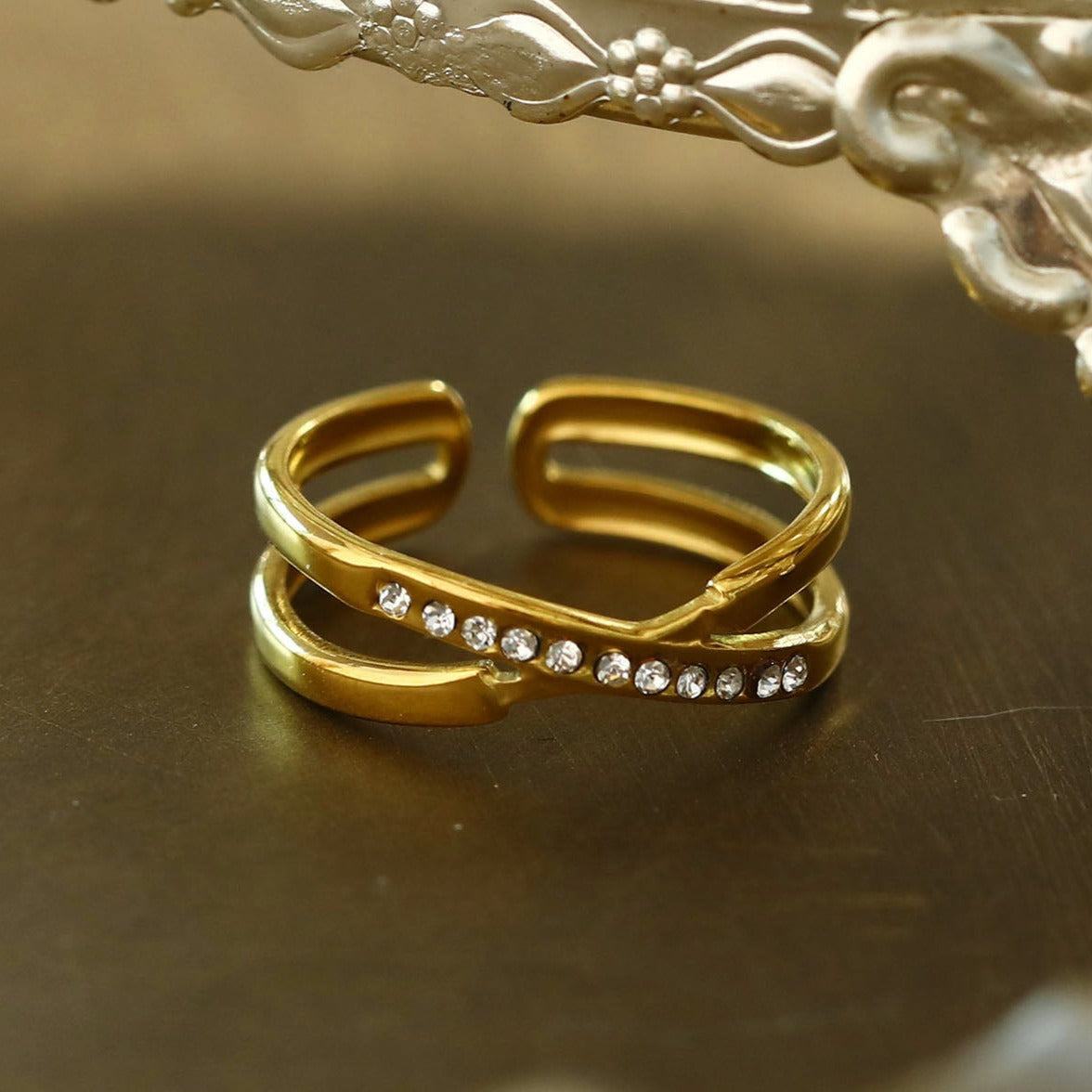 Bague MAZTA double croisée empilée ornée de zircone