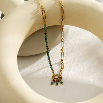 LYON : Collier en or avec pendentif charme en pierre naturelle turquoise africaine style bohème-chic