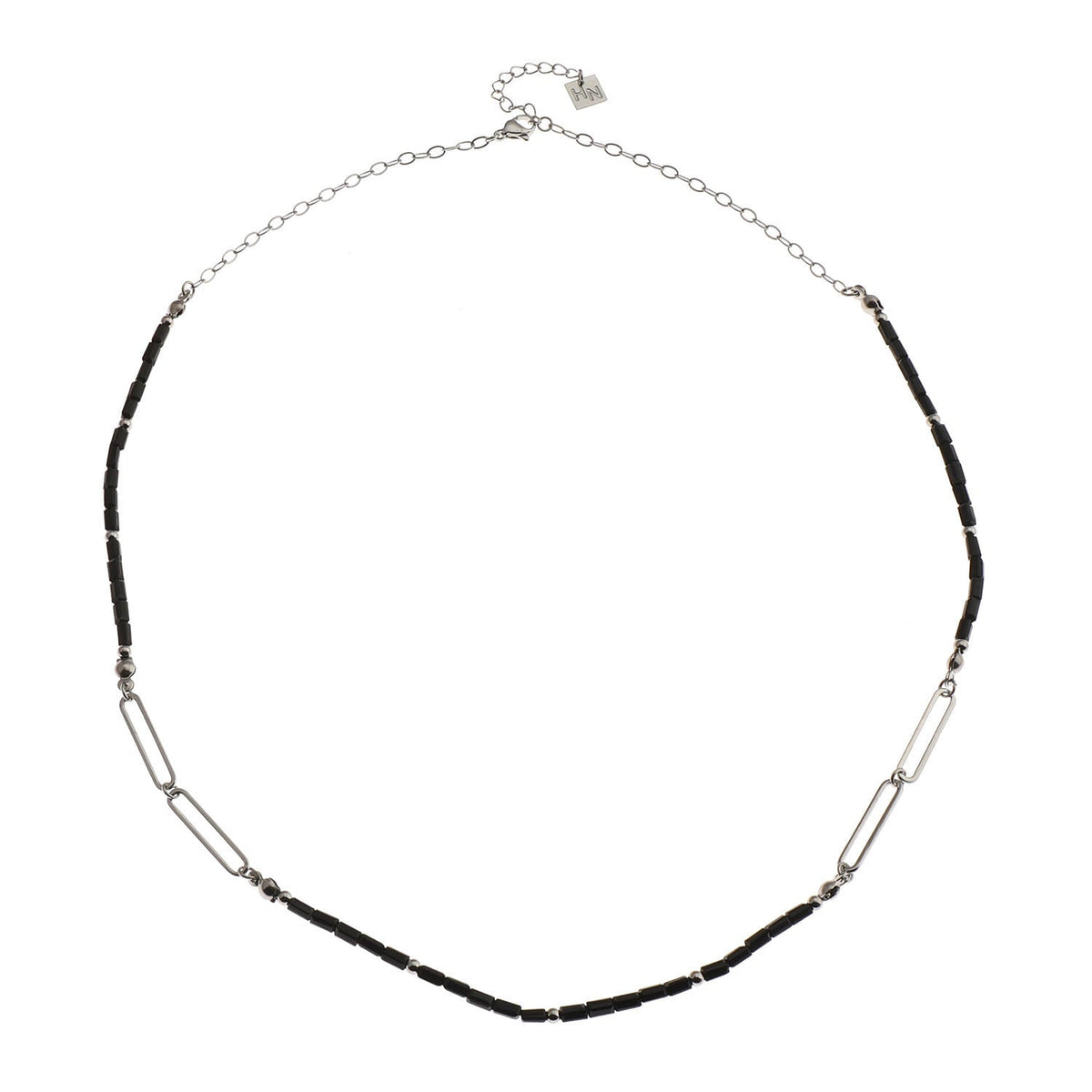 Collier LORENA en chaîne trombone avec perles noires et argentées