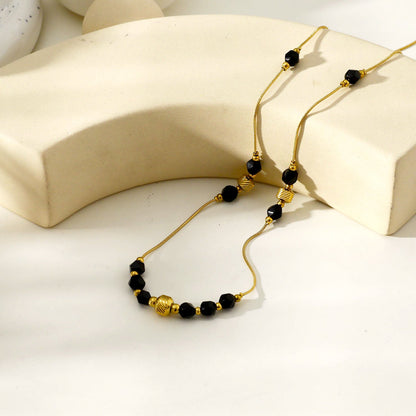 Collier chaîne perles obsidienne noire et or MARA